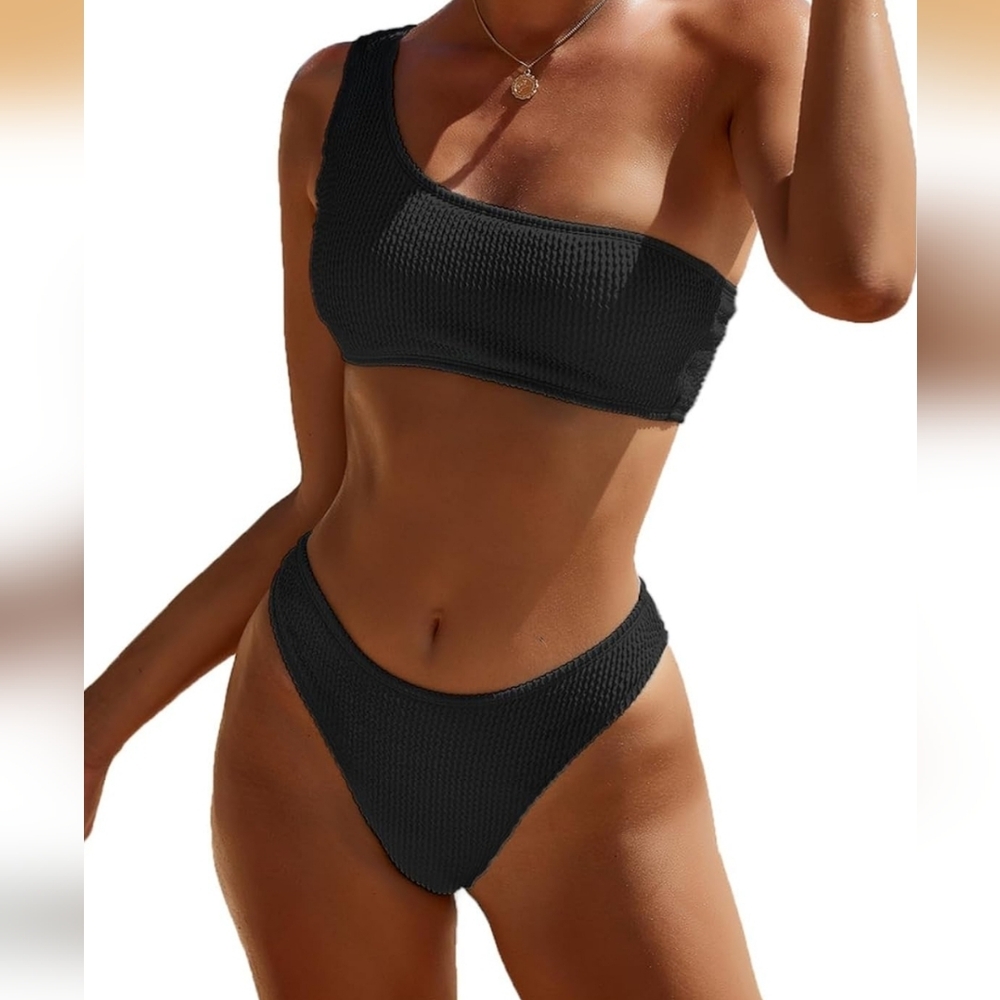 Limeeke Women One Shoulder Bikini  Ribbed Textured Two Piece Swimsuit High Cut.